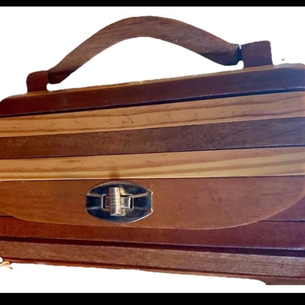Vintage Boho Handmade Wooden Slat Barrel Purse Handbag